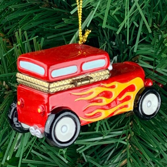 Hot Rod Car Porcelain Hinged Surprise Gift Trinket Box Christmas Ornament - Picture 4 of 5